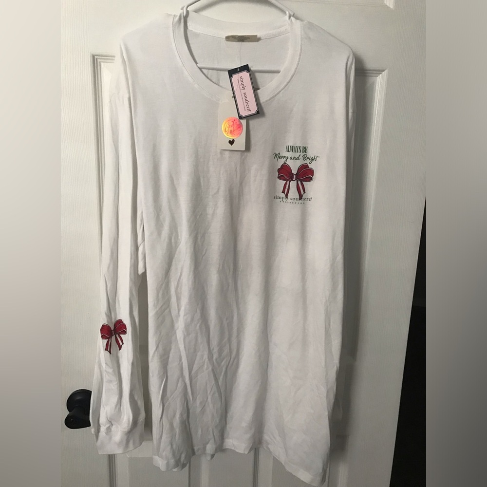 Simply Southern White Long-Sleeve Top Red Bow Graphic Dog Christmas Holiday XXL